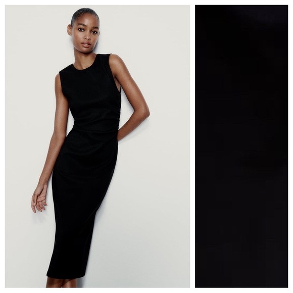 NWT. Zara Black Draped Side Fitted Midi Dress. Size XL. - Picture 2 of 9